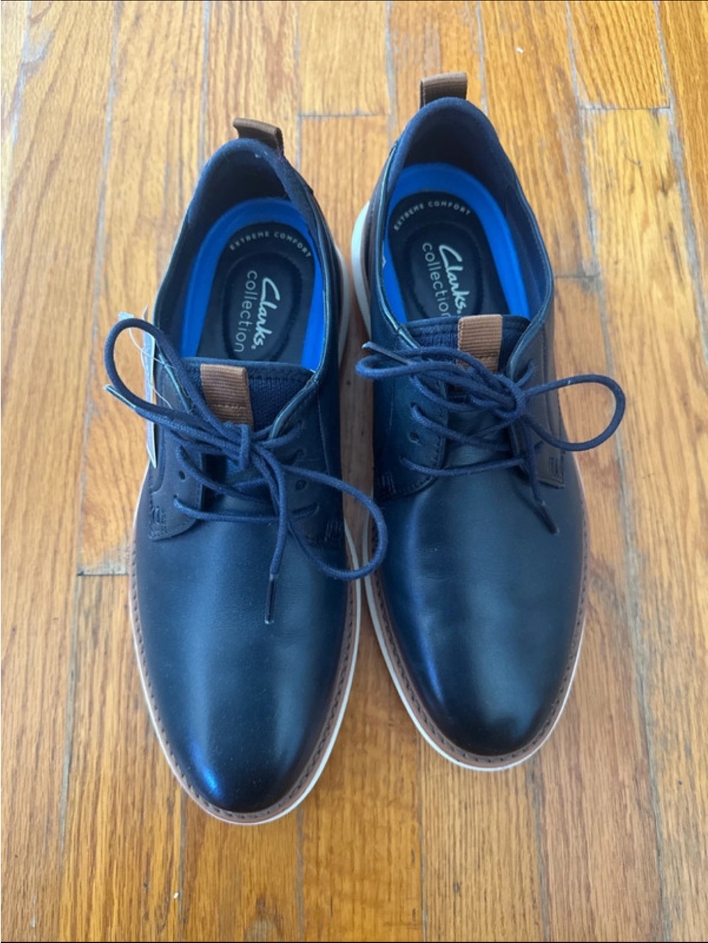 Clarks Navy Leather Derby Shoes with Tan Trim